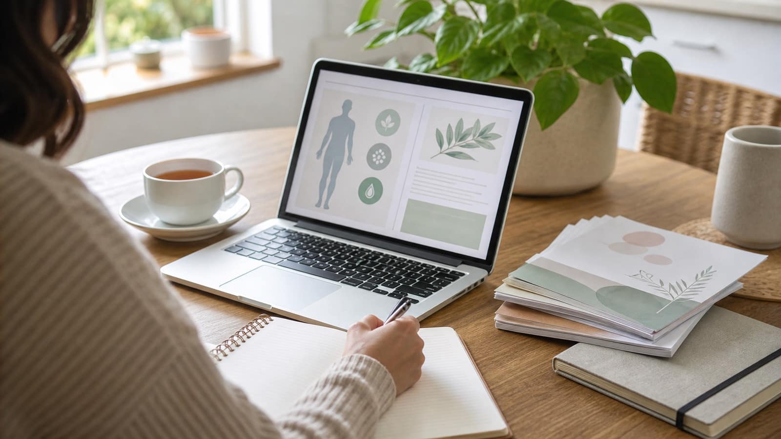 Person macht Notizen zu Gesundheitsinformationen am Laptop.