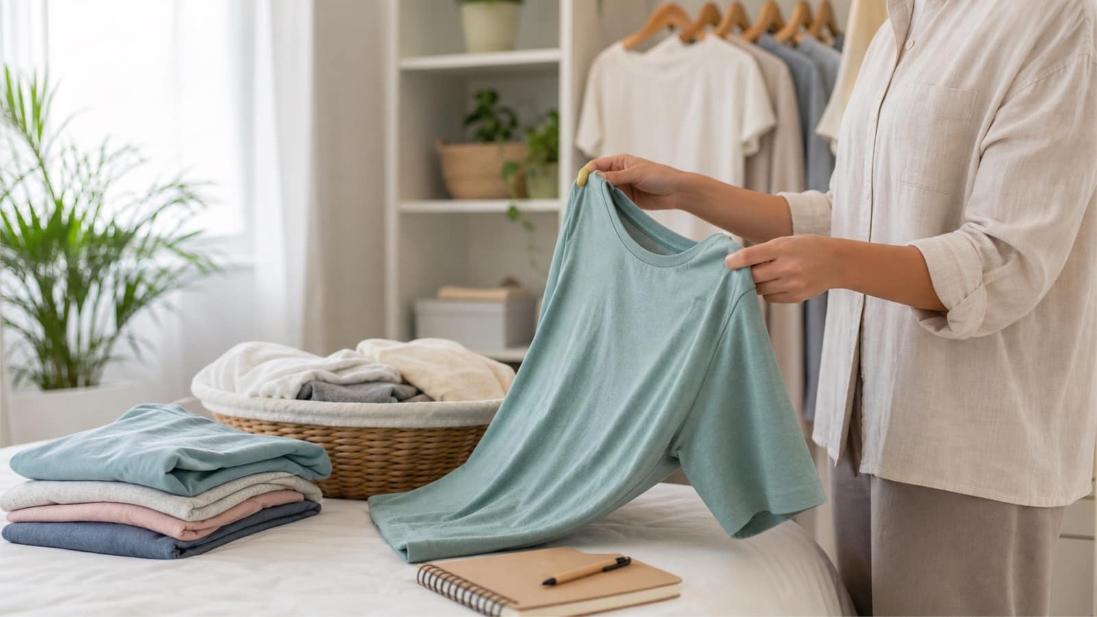 Person wählt ein weiches, luftiges Shirt in einem hellen Schlafzimmer.