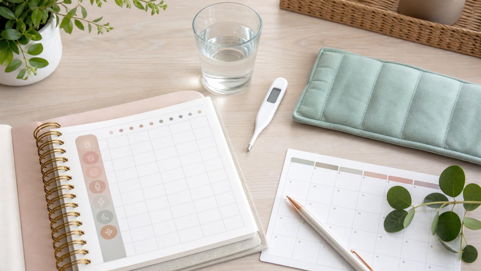 Symptomtagebuch, Kalender und Kühl- oder Wärmekissen auf einem hellen Schreibtisch.