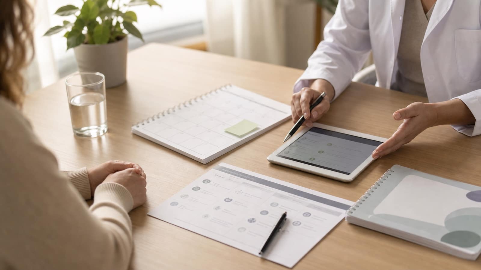 Gemeinsame Behandlungsplanung mit Kalender, Tablet und Unterlagen.